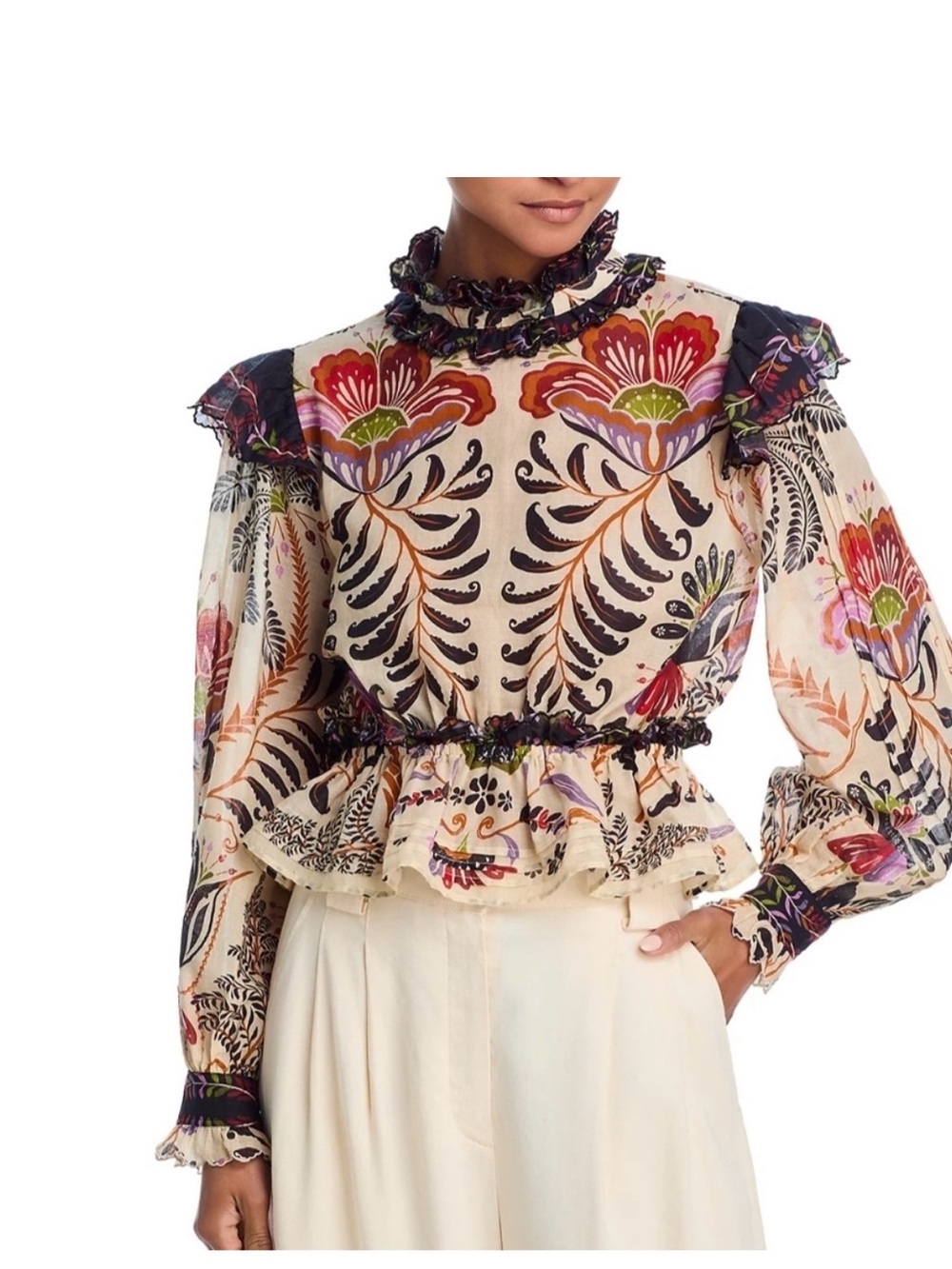 NWOT FARM Rio Classic Nature Sand Ruffled Long Sleeve Blouse